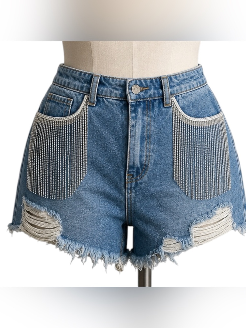 Nature Blue Denim High-Waist Women Medium Shorts Rhinestone Fringe Distressed